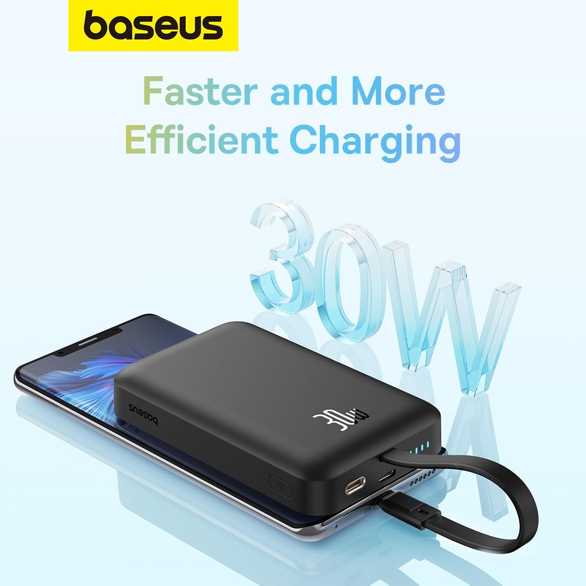 Baseus 30W Magnetic Wireless Power Bank 10000mAh with Built-in USB C Cable – MagSafe Compatible Battery Pack — 10000mAh-30W-W/Cable — Black