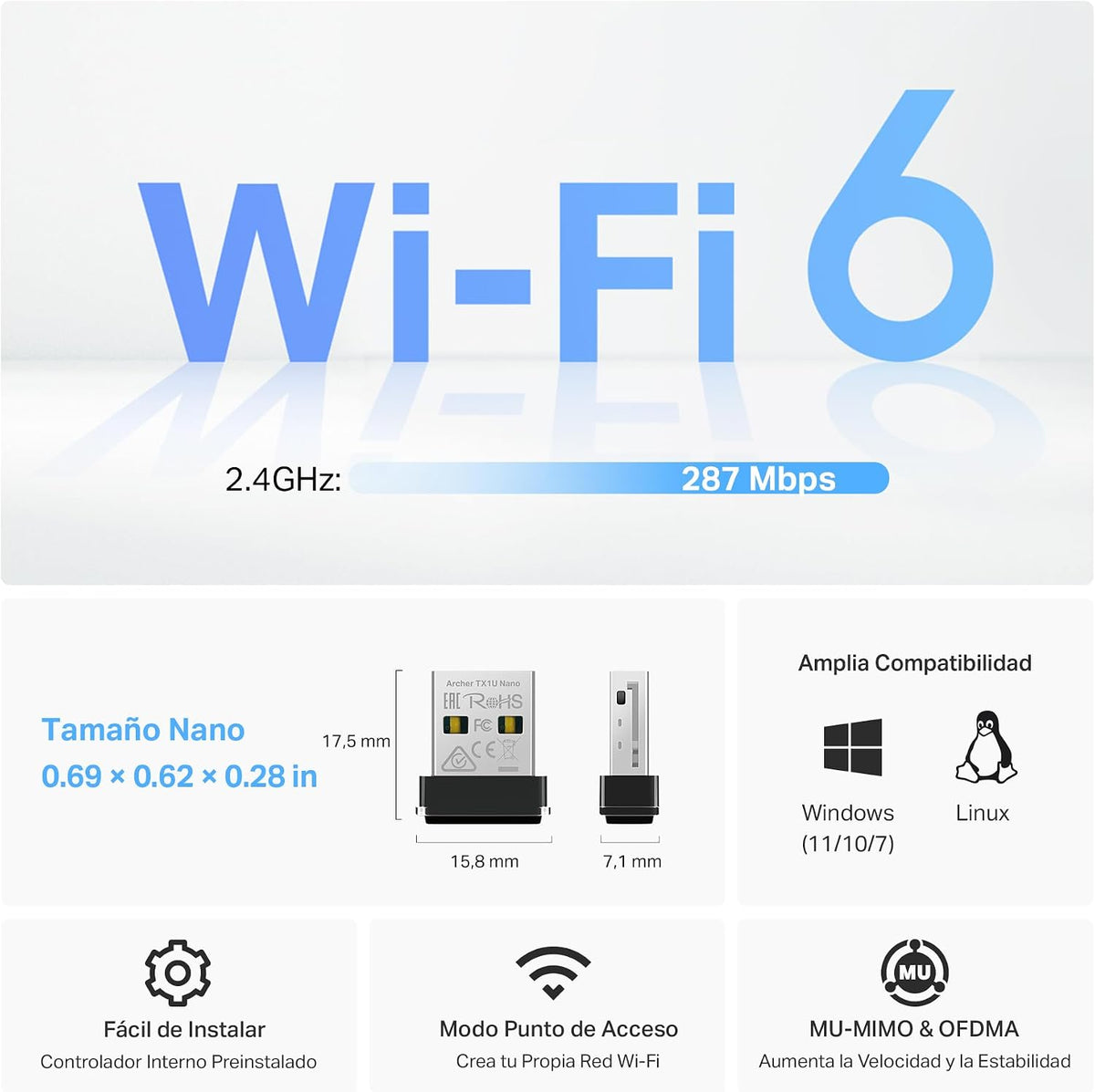 TP-Link Archer TX1U Nano Wi-Fi Adapter for PC, Wi-Fi 6 AX300 WiFi Stick, Plug & Play, Nano Size, MU-MIMO, Access Point Mode, Compatible with Windows and Linux (Kernel 3.10 and above)