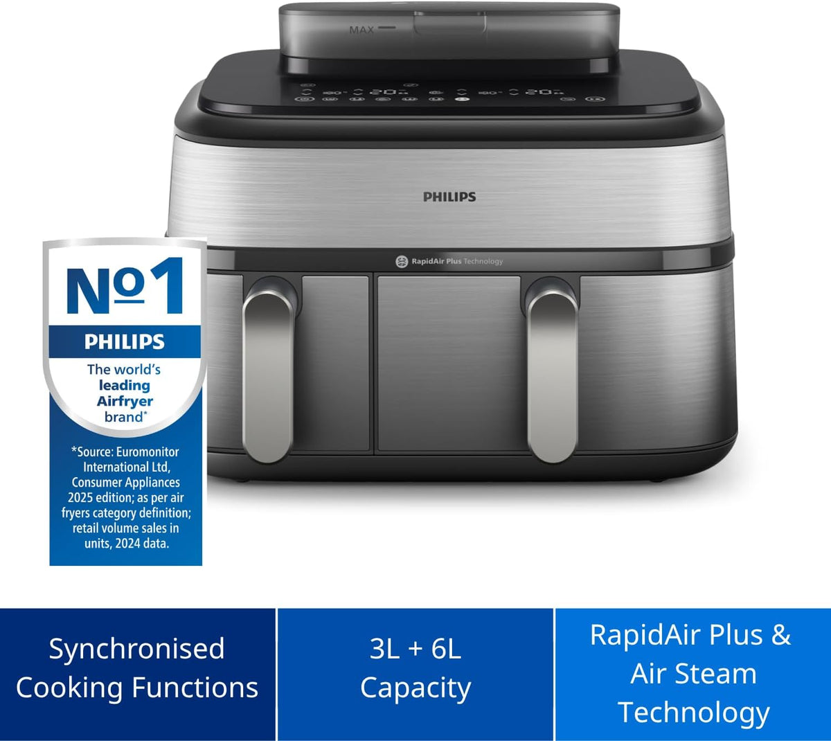 Philips Dual Basket AirFryer XXL With Steam, 9L/1.5KG, 2750W, 19 Functions — Silver
