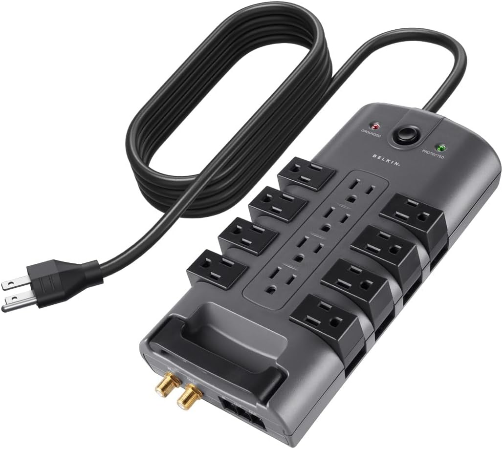 Belkin Surge Protector Power Strip w/ 8 Rotating & 4 Standard Outlets - 8ft Sturdy Extension Cord w/Flat Pivot Plug for Home, Office, Travel, Desktop & Charging Brick - 4320 Joules of Protection