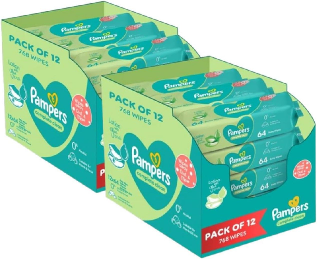 Pampers Complete Clean Baby Wipes with Aloe Vera Lotion for Hands & Face, 24 Packs, 1536 Count