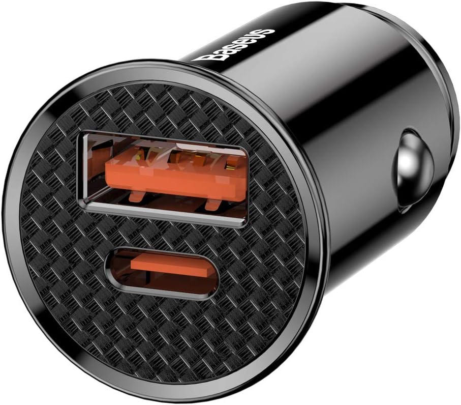 Baseus Smart Fast Car Charger 30W Dual Port USB & USB-C Adapter, Supports QC4.0 PD3.0 SCP AFC VOOC, Compact 12V-24V Car Charger with LED Light & Multi-Layer Safety Protection — Black