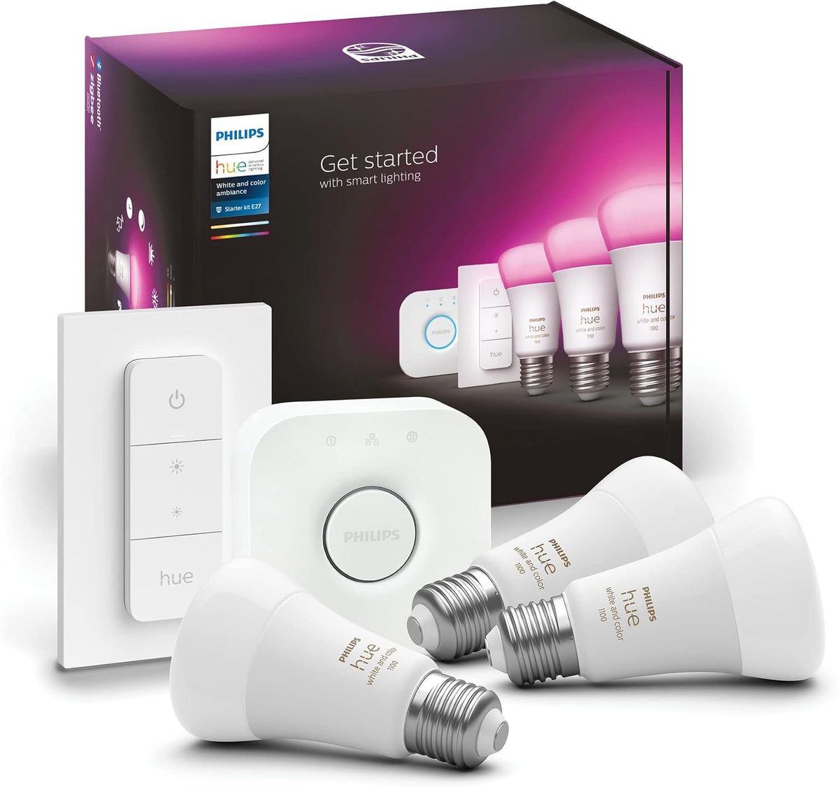 Philips Hue White and Colour Ambiance Smart Light Bulb Starter Kit, 75W - 1100 Lumen [E27 Edison Screw] 3 Bulbs + Smart Buttons — With Bluetooth — Works with Alexa — Google Assistant and Apple Homekit — Black