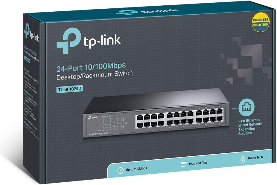 TP Link 24 Port 10/100Mbps Fast Ethernet Switch Plug & Play Desktop/Rackmount Sturdy Metal w/Shielded Ports Fanless Limited Lifetime protection Unmanaged TL SF1024D, white