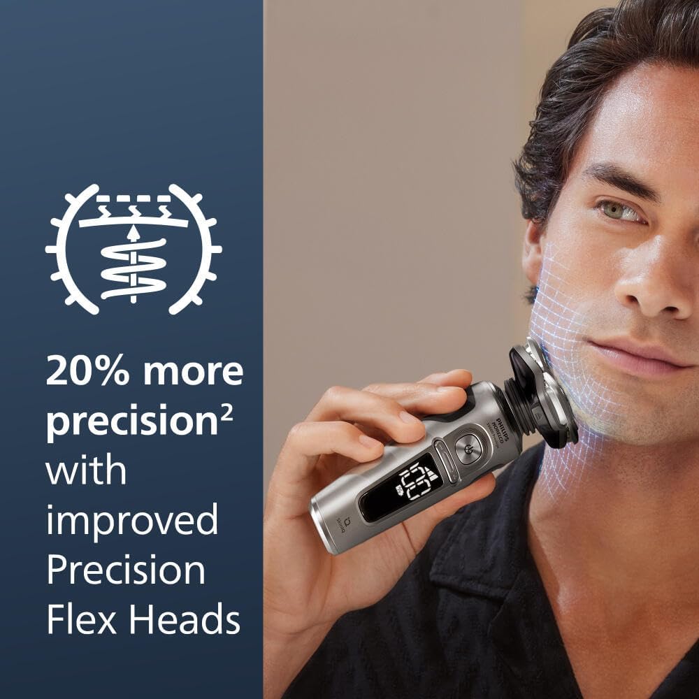 Philips Norelco Shaver Series 9000 Prestige Special Edition, Wet & Dry Electric Shaver, Lift/Cut & SenseIQ Technology, Nose & Precision Trimmer, Qi Pad, Cleaning Pod & Premium Case, SP9842/85 — Bright Chrome
