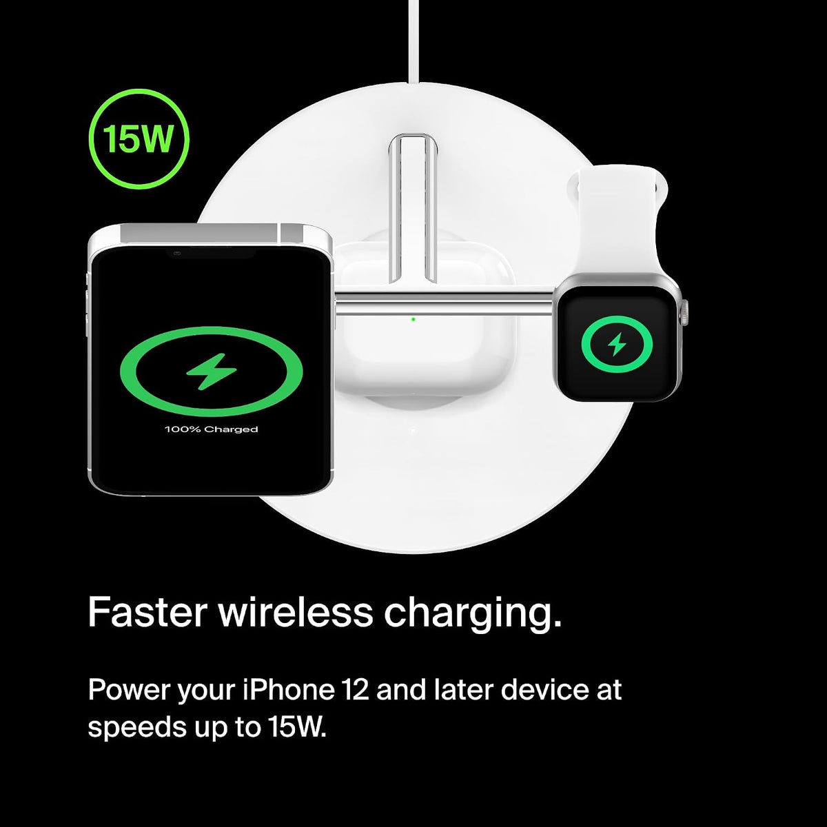 Belkin MagSafe 3 in 1 Wireless Charging Station, 15W iPhone and Apple Watch Fast Wireless Charger, AirPods Charging Station for iPhone 16, 15, 14, 13, 12 Series, Apple Watch 10/9/8, SE, Ultra - White