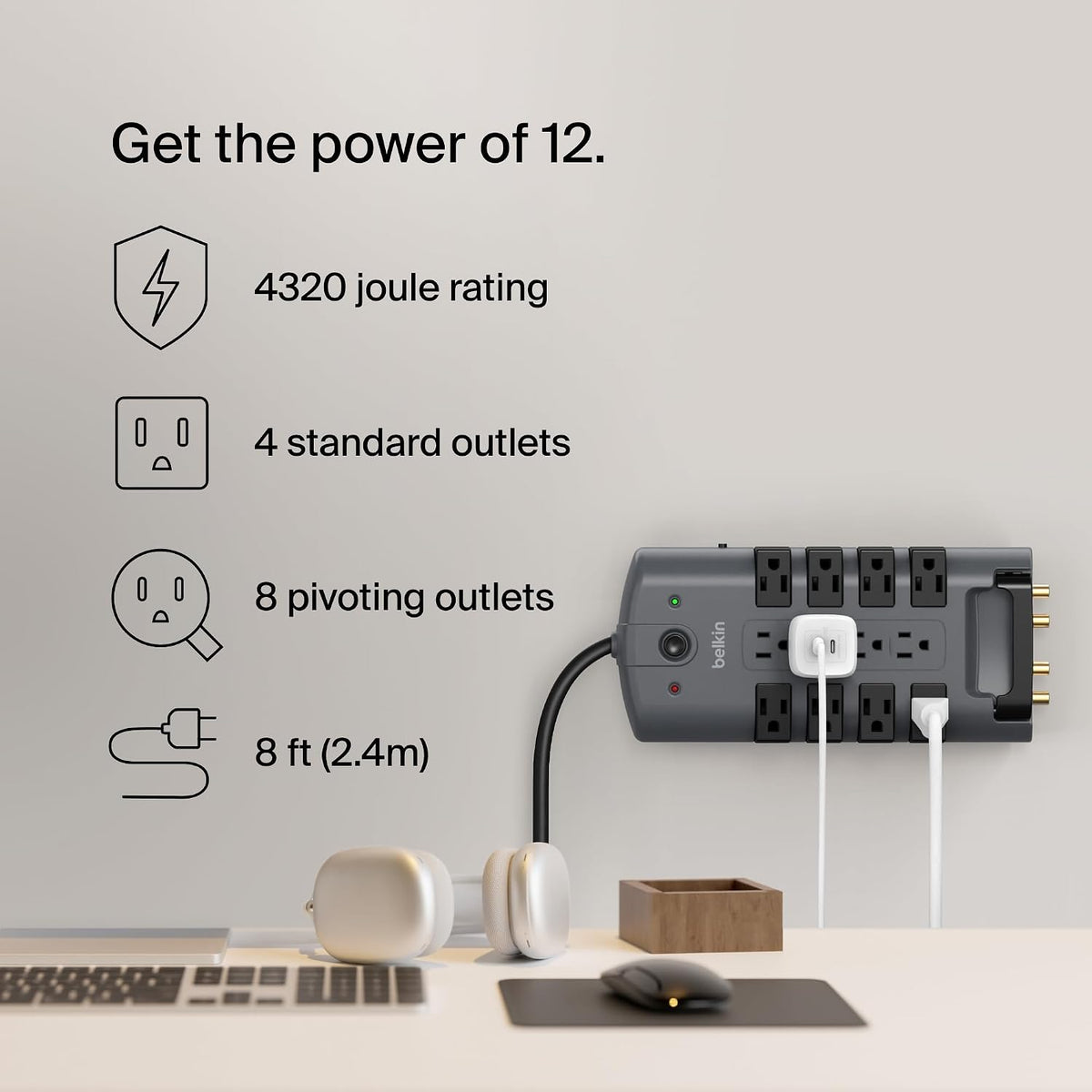 Belkin Surge Protector Power Strip w/ 8 Rotating & 4 Standard Outlets - 8ft Sturdy Extension Cord w/Flat Pivot Plug for Home, Office, Travel, Desktop & Charging Brick - 4320 Joules of Protection