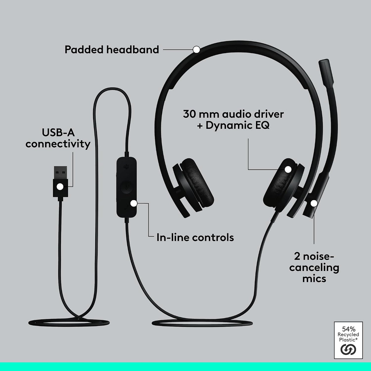 Logitech H570E USB-A Stereo Headset — Teams — Black