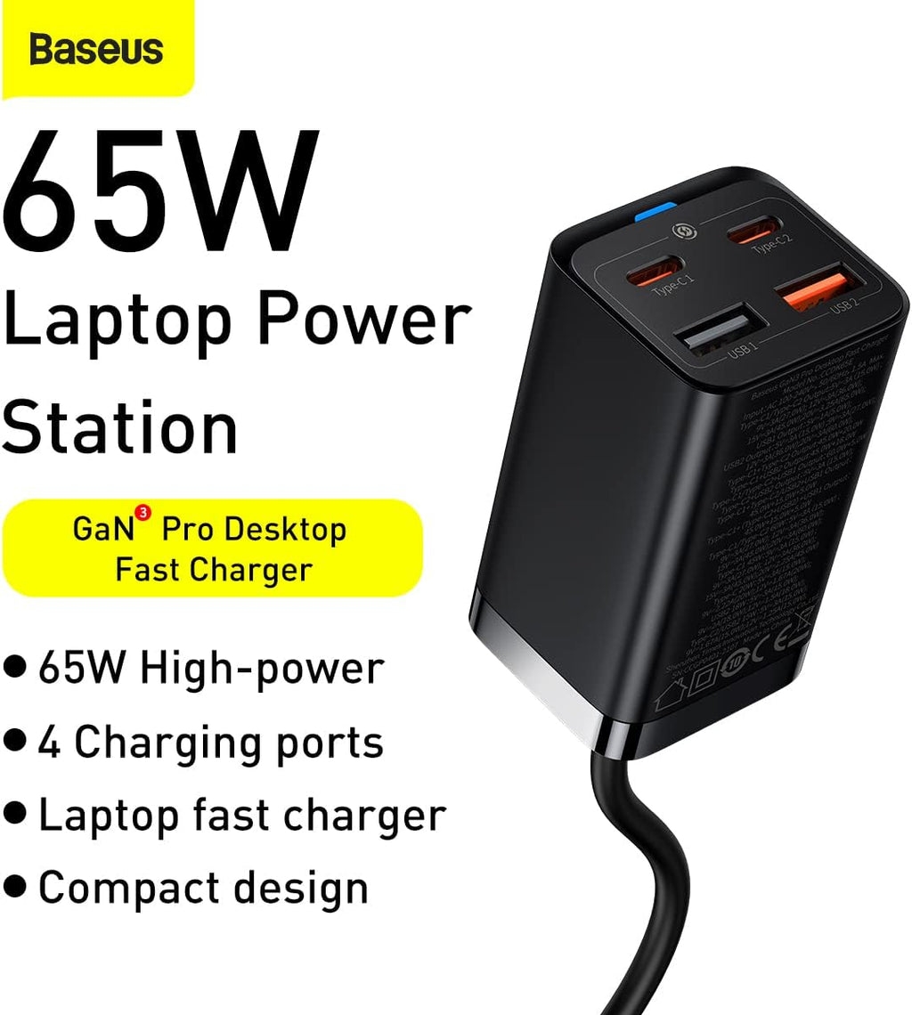 Baseus GaN3 Pro Desktop Fast Charger 2C+2U 65W EU Black(Include：Baseus Xiaobai series fast charging Cable Type-C to Type-C 100W(20V/5A) 1m Black） — Black