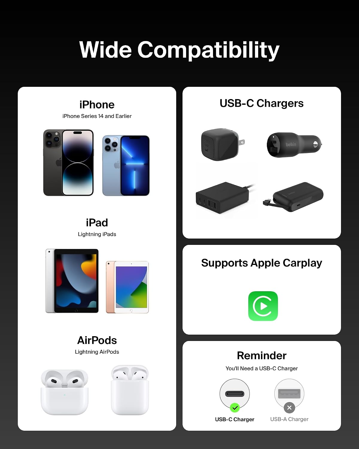 Belkin 2-Pack Braided USB-C Cable with Lightning Connector 5ft - Soft, Flexible Fast-Charging Cable, Lightning Charger Cord for iPhone 14 & Earlier Series, iPad 9th Gen, & AirPods - Black