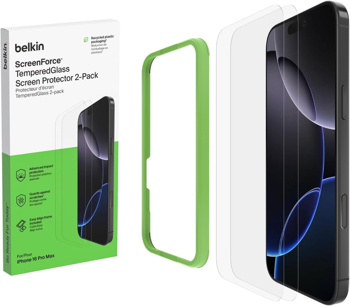 Belkin ScreenForce TemperedGlass iPhone 16 Pro Max Screen Protector, crystal clear, scratch-resistant tempered glass, bubble-free application, full screen coverage for iPhone 16 Pro Max, 2-pack