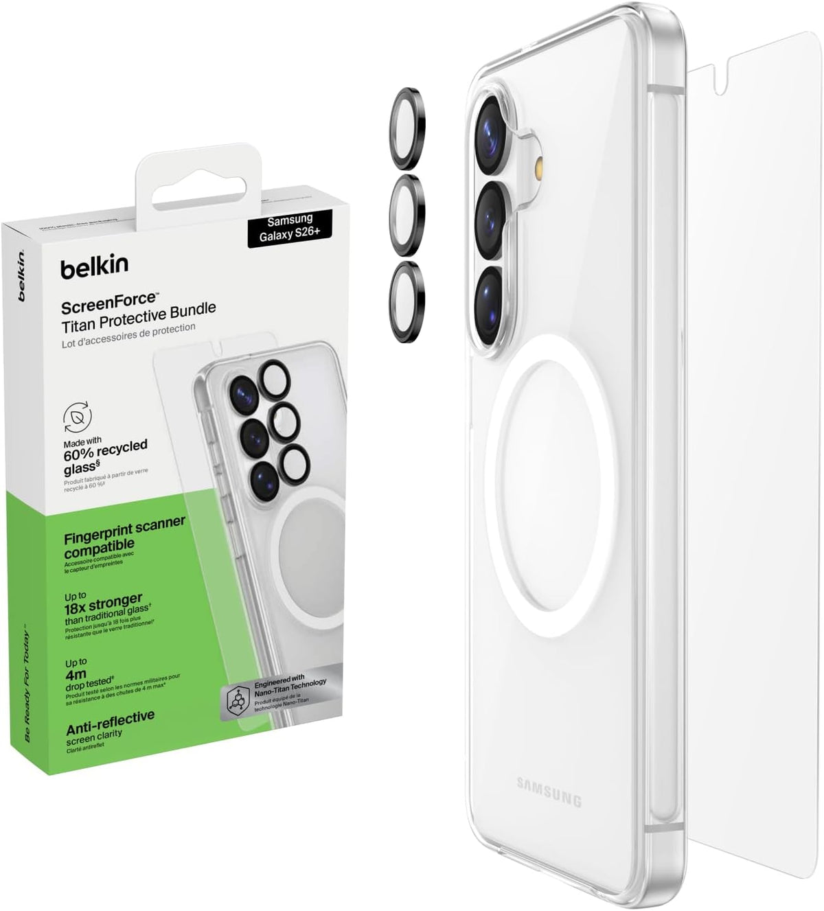Belkin ScreenForce Titan Protective Bundle for Samsung Galaxy S26+ with Scratch Resistant Screen Protector, Shockproof Phone Case and Anti-Reflective Camera Lens Protector - 4M Drop Protection