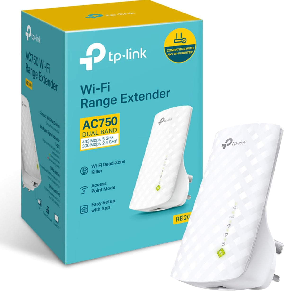 TP-Link RE200 AC750 Universal Dual Band Range Extender, Broadband/Wi-Fi Extender, Wi-Fi Booster/Hotspot with Ethernet Port, Plug and Play, Smart Signal Indicator, UK Plug