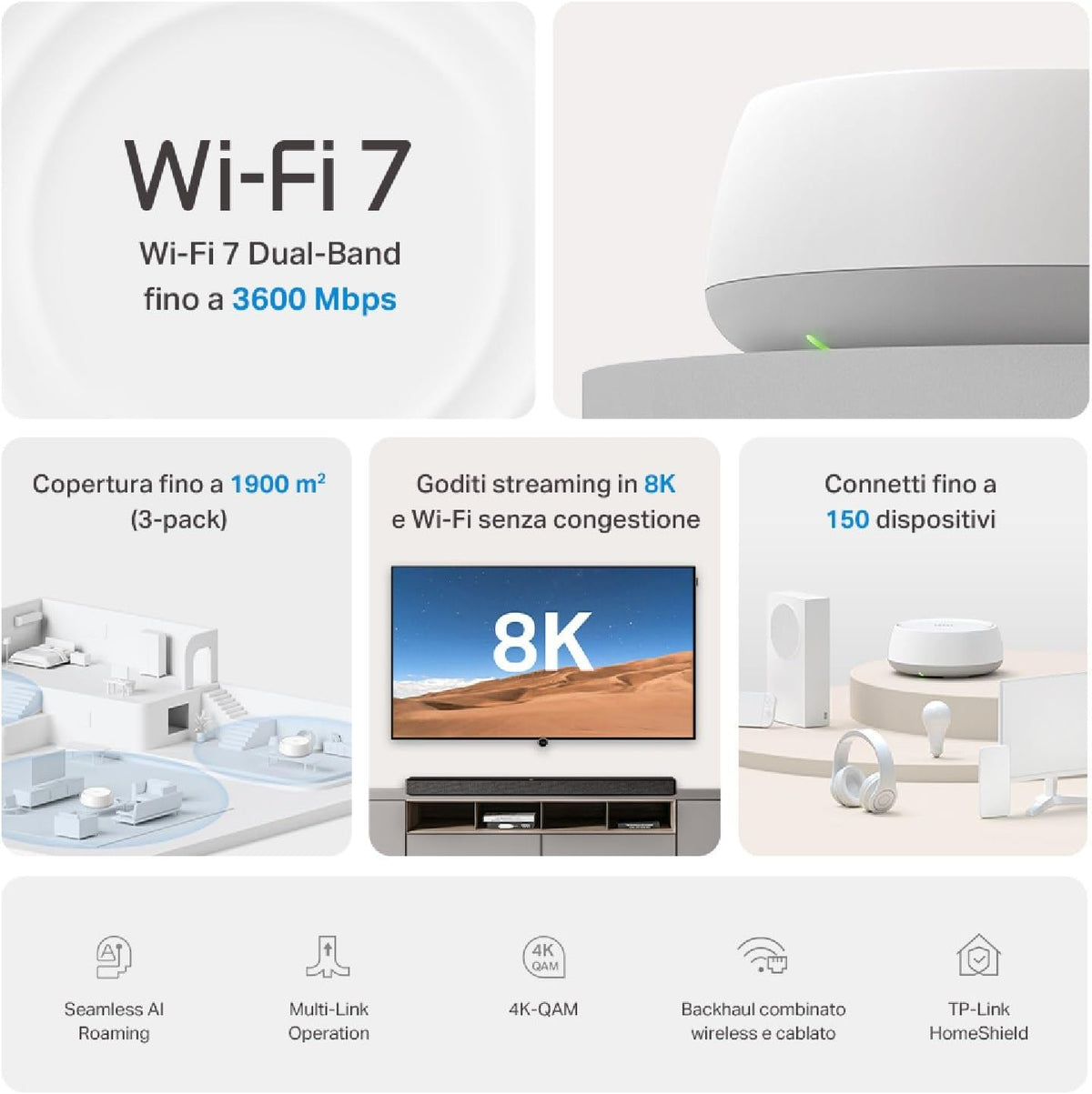 TP-Link WiFi 7 Deco BE3600 Mesh WiFi, BE3600Mbps, Dual Band, 160MHz Channels, 2 Gigabit Ports, HomeShield, MLO, 4K-QAM, Works with Any ISP and Modem, 4 Internal Antennas, WPA3, Alexa, 3pcs