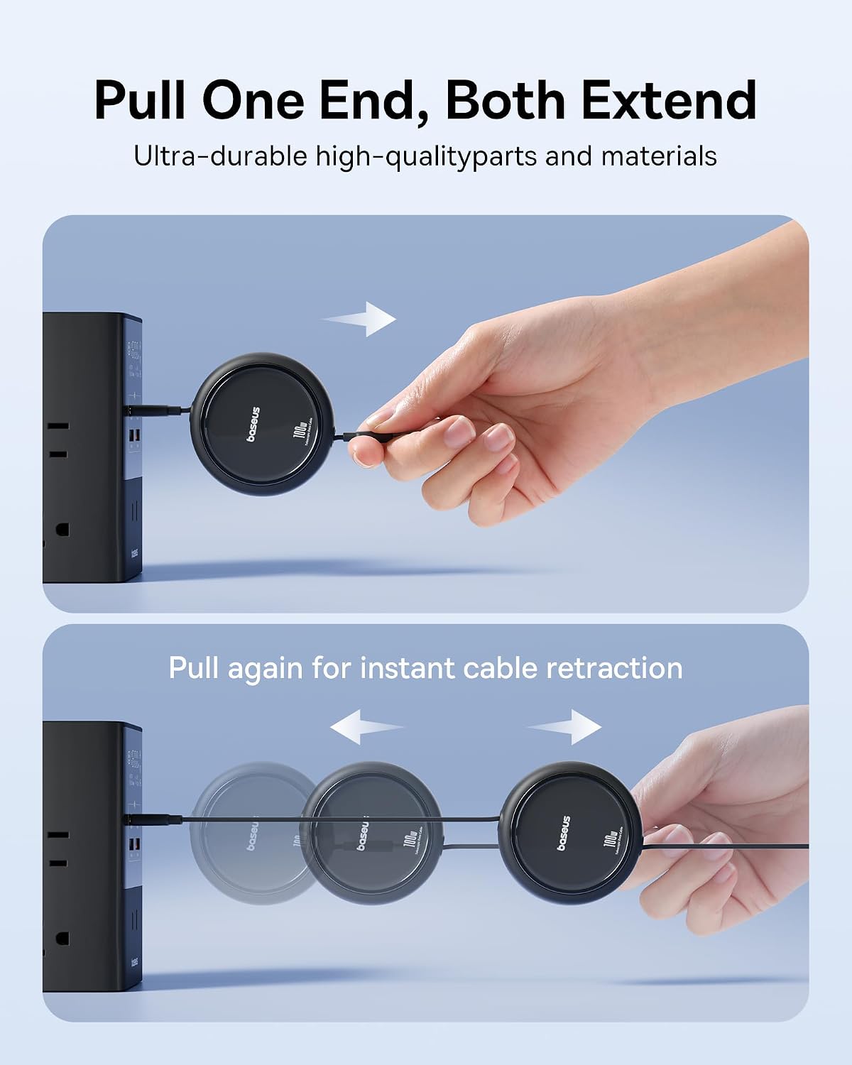 Baseus USB C Cable, Mini 100W Retractable USB C to USB C PD 5A Fast Charging Cable, 4-Stage Length Preset USB Type C Charger Cable — 3.3ft — Black