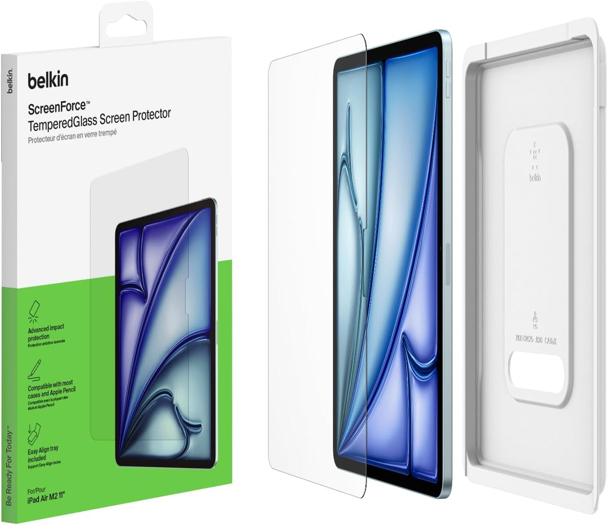 Belkin ScreenForce TemperedGlass screen protector for iPad Air 11-inch, 9H hardness rating tempered glass, 0.33mm thin, scratch-resistant with easy installation, compatible with case and Apple Pencil