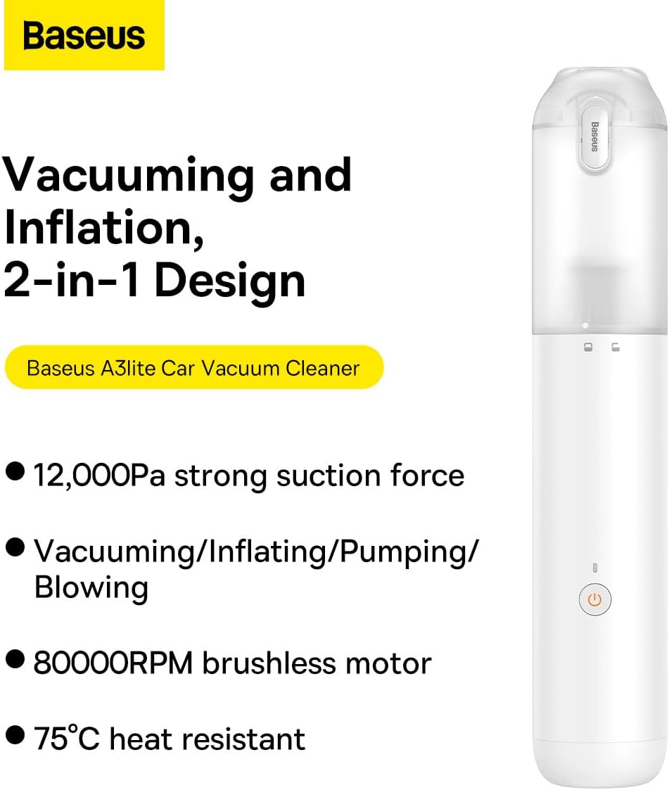 Baseus Car Vacuum Cleaner High Power, A3 Lite 12000PA Handheld Vacuum with Single Touch Empty, USB C Fast Charging — 12000Pa- A3 Lite — White