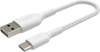 Belkin BoostCharge Braided USB C charger cable, USB-C to USB-A cable, USB type C charging cable for iPhone 16, 15, Samsung Galaxy S24, S23, Pixel, iPad, MacBook, Nintendo Switch and more - 15cm, White