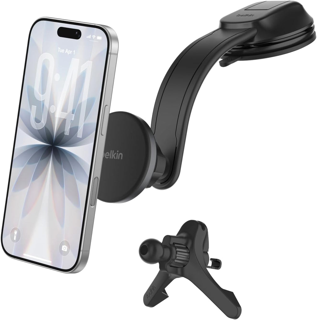 Belkin Wireless Car Charger, Magnetic Car Vent Mount & Dash Mount with USB C Cable, MagSafe Compatible Fast Charging for iPhone 17, Galaxy S25, Pixel 10, & More - Qi2 Travel Car Accessories - Black