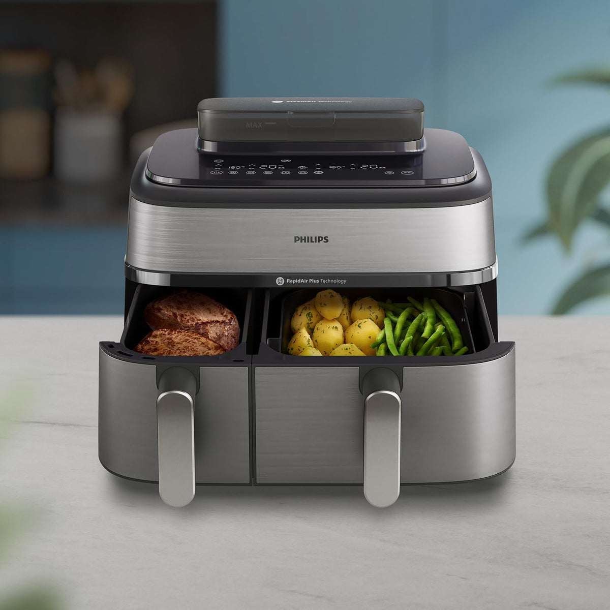 Philips Dual Basket AirFryer XXL With Steam, 9L/1.5KG, 2750W, 19 Functions — Silver