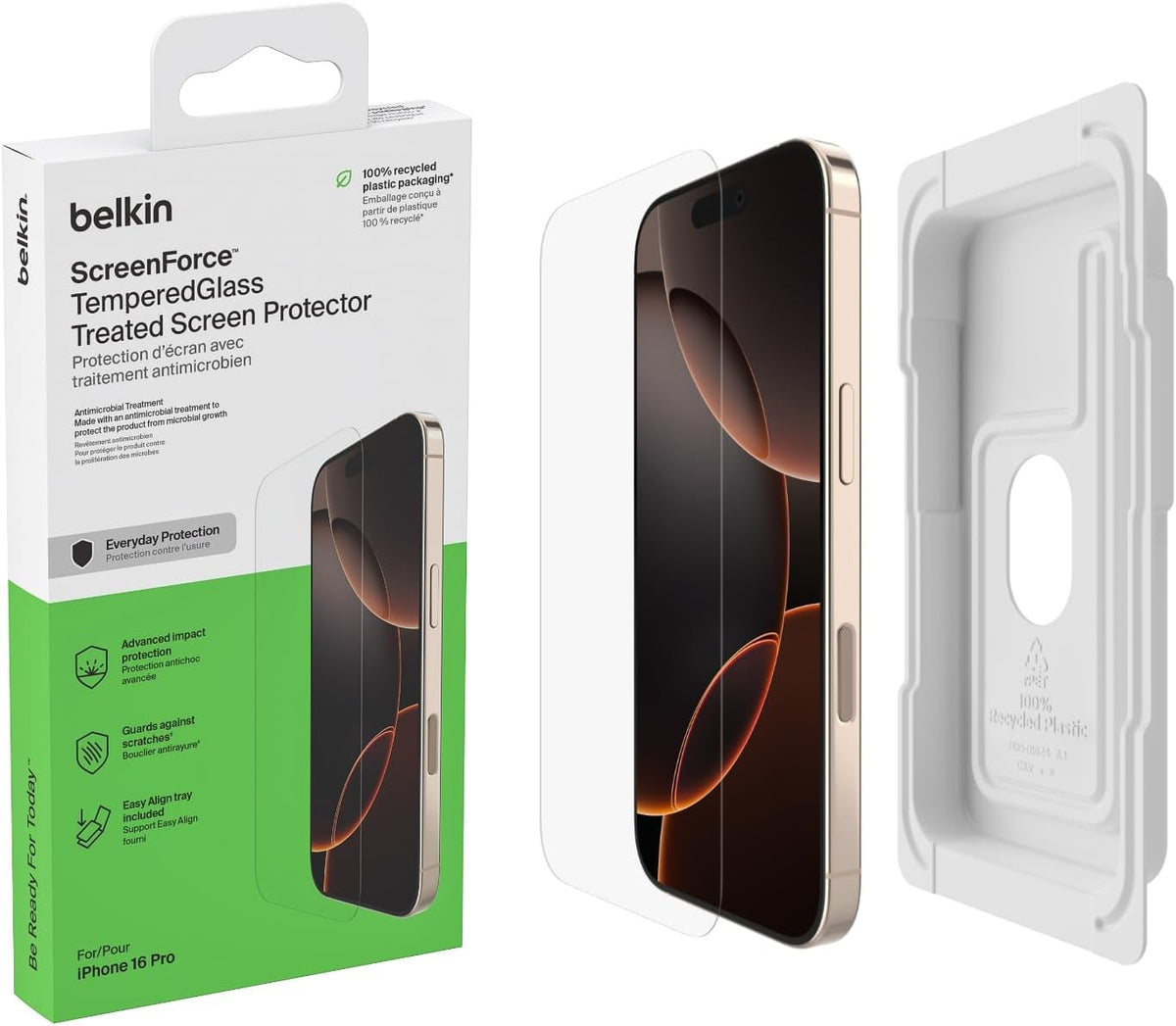 Belkin ScreenForce TemperedGlass iPhone 16 Pro Screen Protector, slim design, crystal clear, scratch-resistant, bubble-free application included, full screen tempered glass protector for iPhone 16 Pro