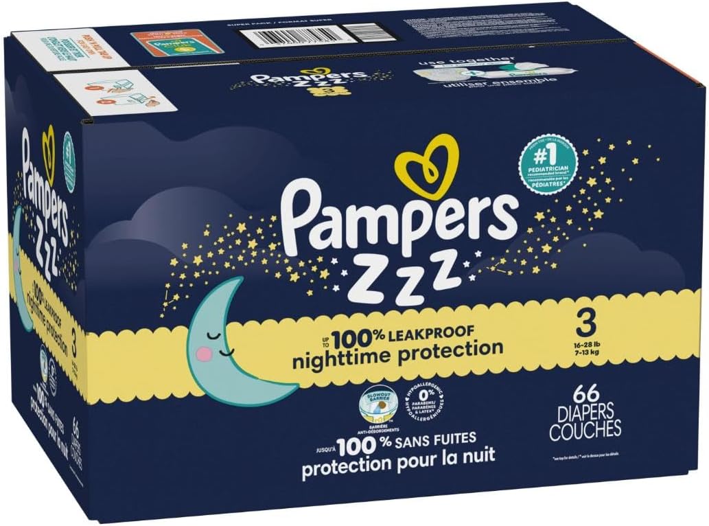 Pampers Diapers Size 3, 66 Count - Swaddlers Overnights Disposable Baby Diapers, Super Pack (Packaging May Vary)