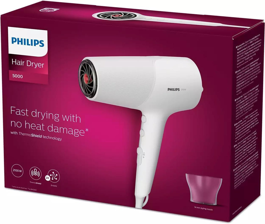 Philips 5000 Series Hair Dryer with ThermoShield Technology, 3 Heat and 2 Speed Levels, 2,100 W Drying Power (Model BHD500/00) — Metallic White