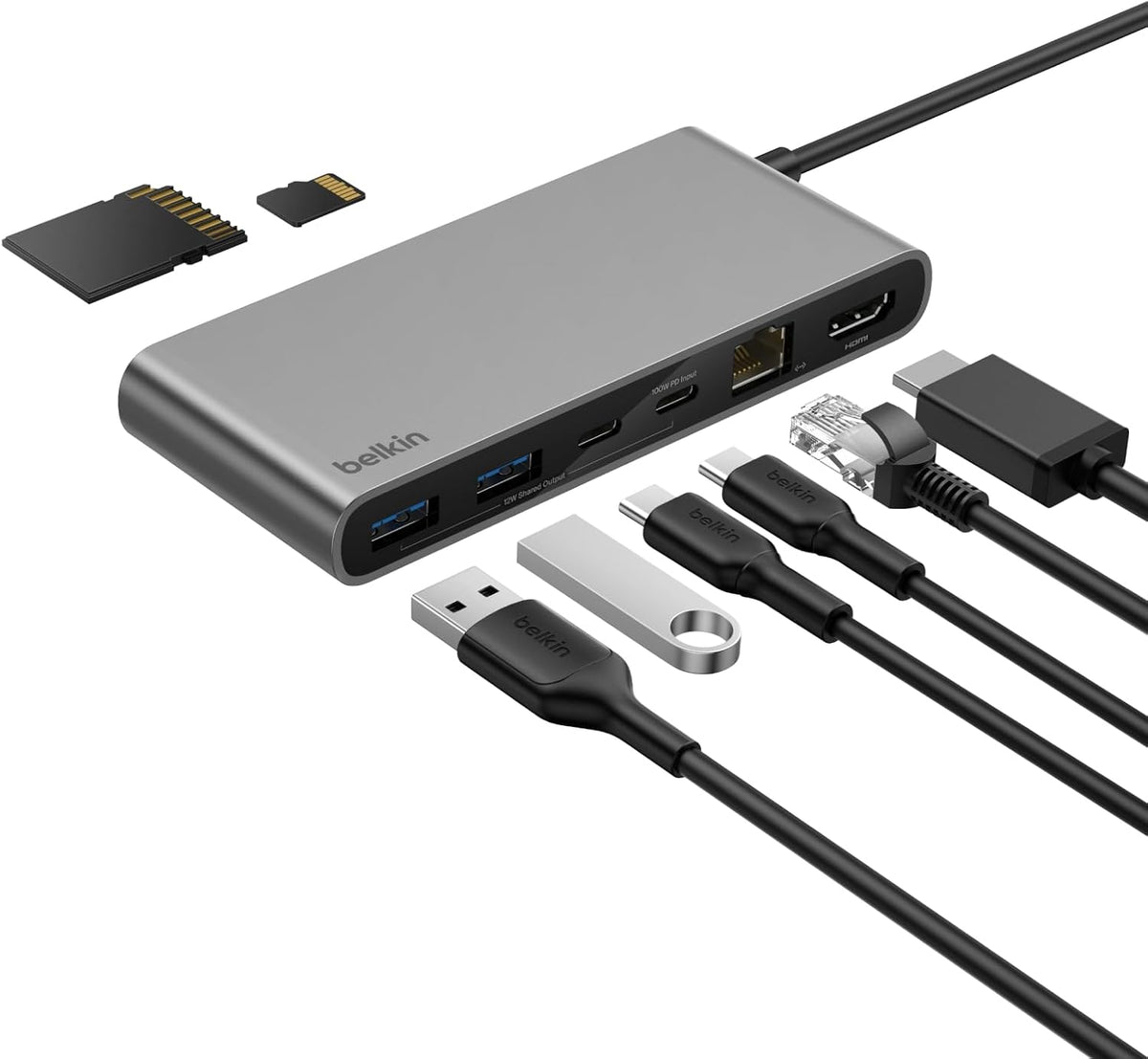 Belkin Connect 8-Port USB C Hub, Supports Display w/Resolutions up to 4K@60Hz - Works with Mac, Windows, and Chromebook - 100W PD w/ 10Gbps Data Transfer Speeds & 2.5Gbps Ethernet - Grey