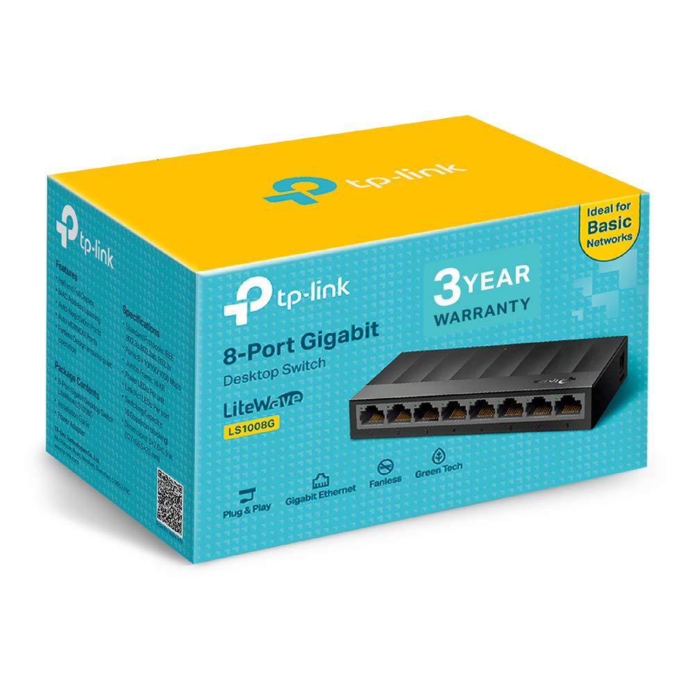 TP-Link LS1008G 8-Port Desktop/Wallmount Gigabit Ethernet Switch/Hub, Ethernet Splitter, Plug & Play, Desktop, Plastic Case