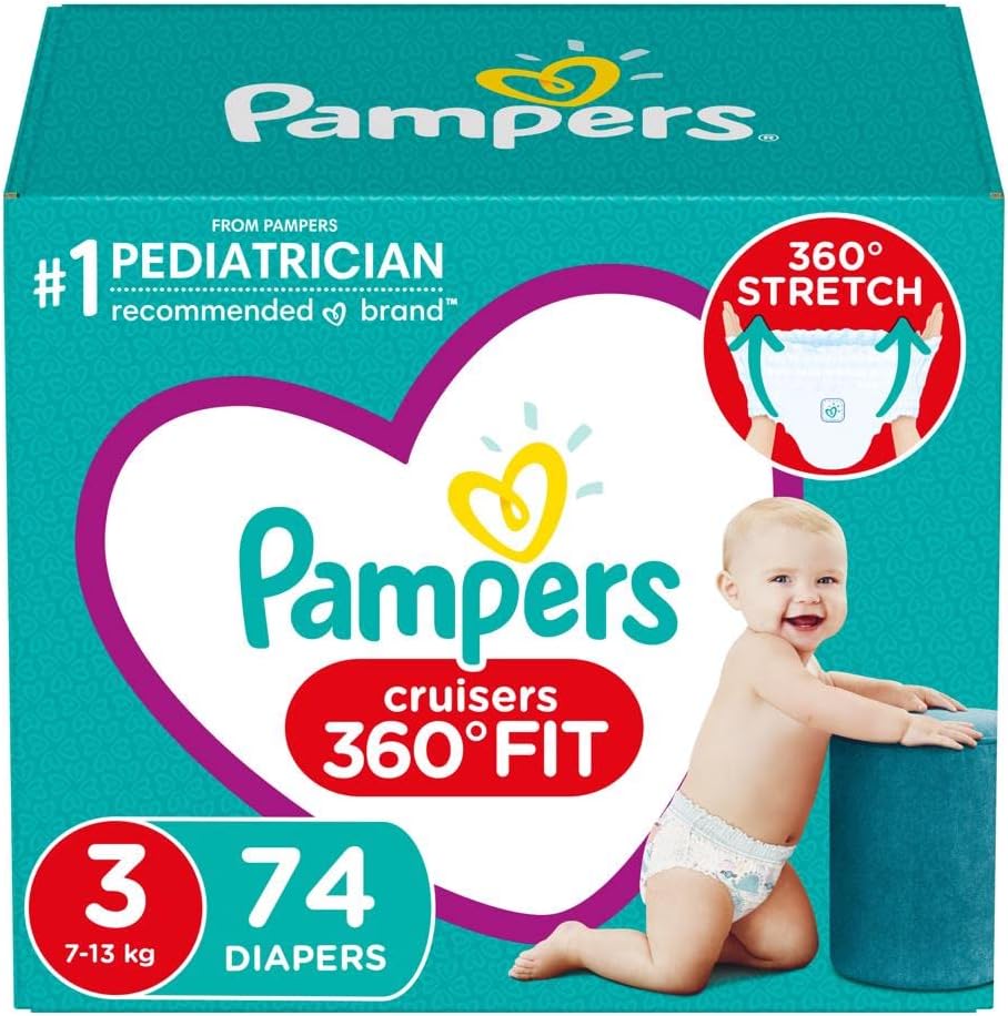 Pampers Diapers Size 3, 74 Count - Pull On Cruisers 360° Fit Disposable Baby Diapers with Stretchy Waistband, Super Pack (Packaging May Vary)