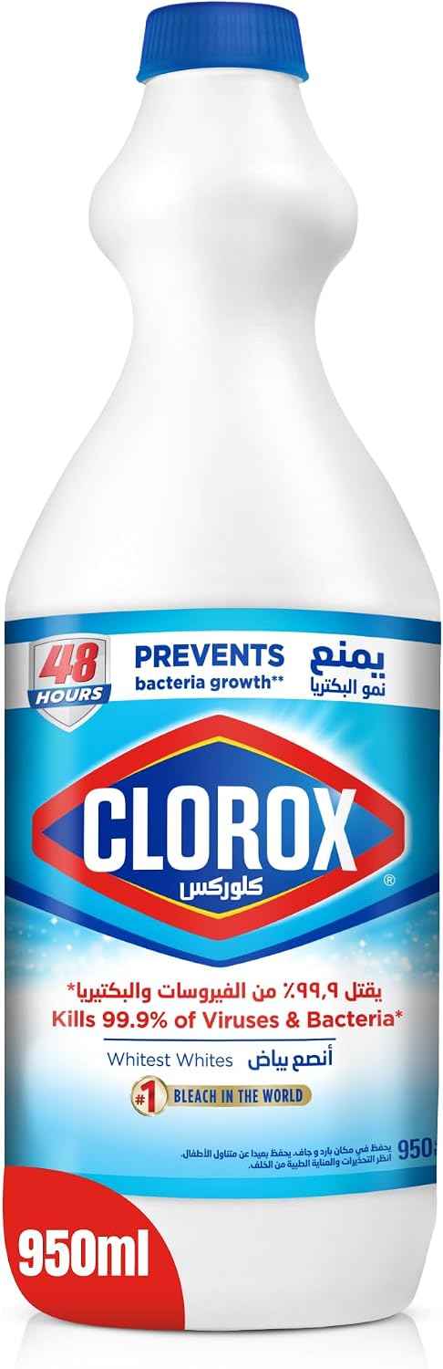 Clorox Liquid Bleach 950ml, Kills 99.9% of Viruses and Bacteria, 48 Hours Prevents Bacteria Growth, Removes Stains — front product image