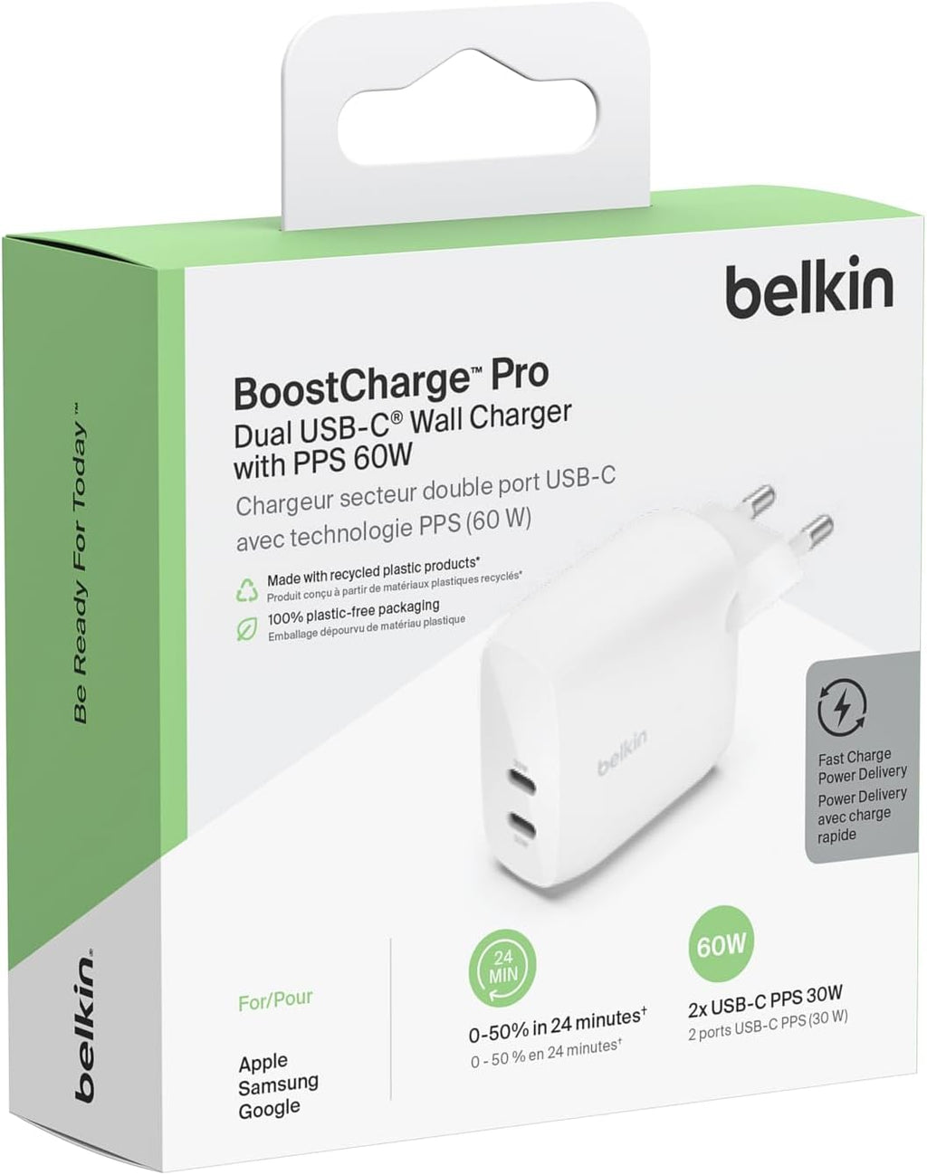 Belkin BoostCharge Dual USB-C Plug with PPS 60W for Apple iPhone, iPad, Samsung Galaxy, Google Pixel - Compatible w/USB-C to Lightning Cable & USB-C to USB-C - White
