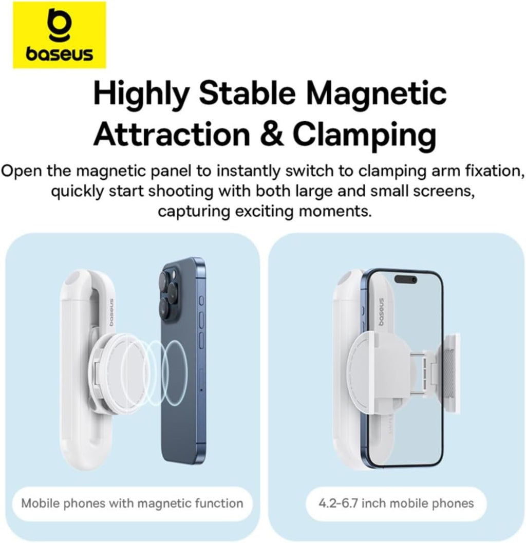 Baseus TechShot Dual-Support Selfie Stick & Foldable Phone Stand , 3-Stage Extendable Aluminum Monopod with Detachable Bluetooth Remote (10m) , Low-Angle Mode — White