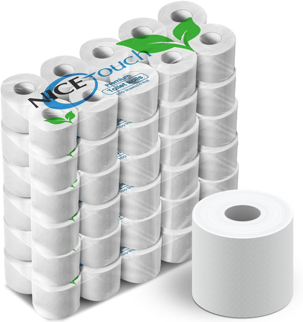 Nice Touch 2-Ply Embossed Toilet Tissue Rolls, 60 Rolls x 180 Sheets (10,800 Total Sheets), Premium Soft Bathroom Tissue Paper, Strong, Absorbent, Gentle on Skin, Extra Value Family Pack — front product image