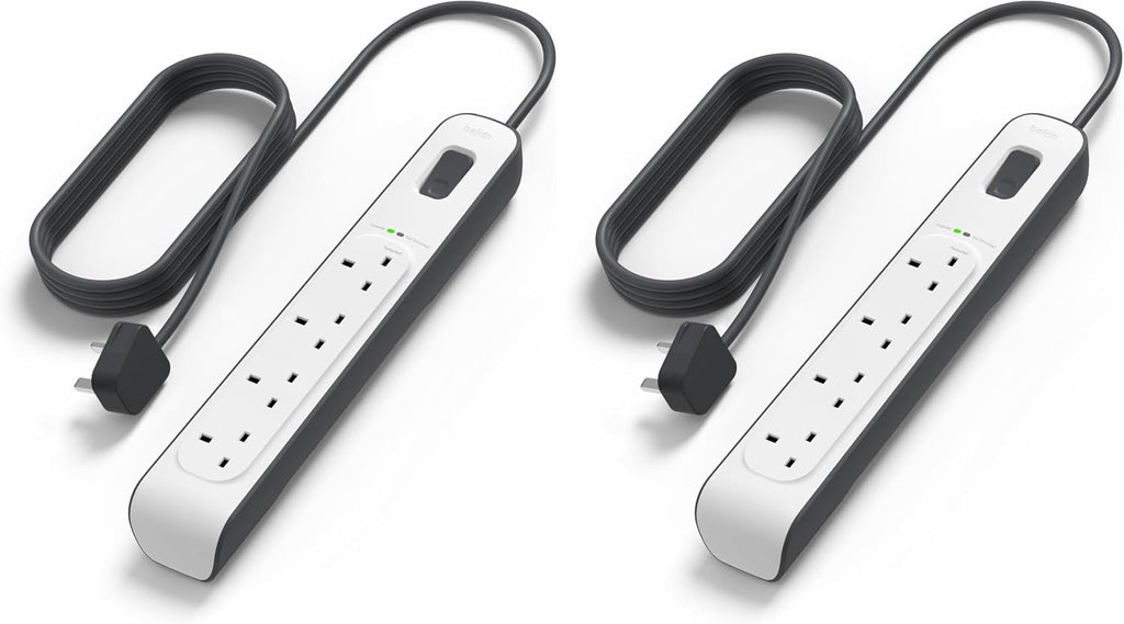 Belkin Bsv400Af2M 4-Way Surge Protection Strip With 2 Meters Cord Length - Heavy Duty Electrical Extension Socket, Durable And Robust Housing, 14Awg Capacity On/Off Switch White, Meter V1 (Pack of 2)