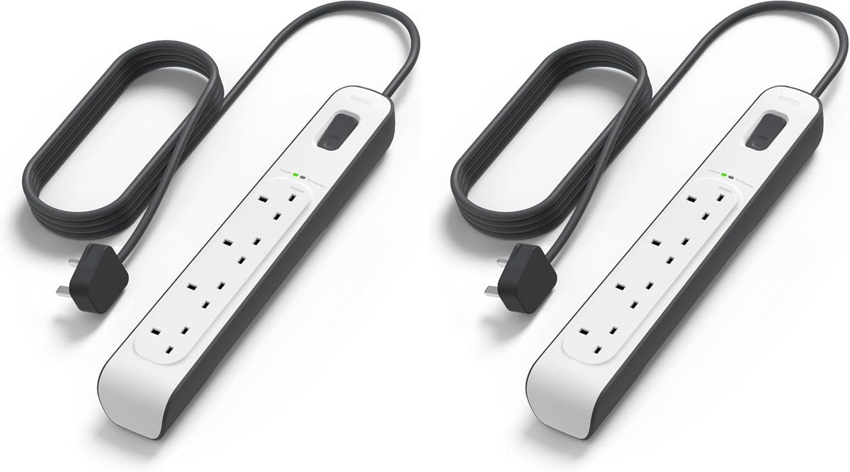 Belkin Bsv400Af2M 4-Way Surge Protection Strip With 2 Meters Cord Length - Heavy Duty Electrical Extension Socket, Durable And Robust Housing, 14Awg Capacity On/Off Switch White, Meter V1 (Pack of 2)