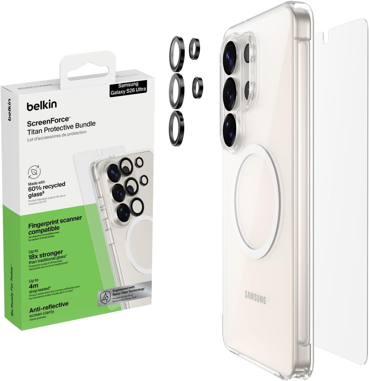 Belkin ScreenForce Titan Protective Bundle for Samsung Galaxy S26 Ultra with Scratch Resistant Screen Protector, Shockproof Phone Case and Anti-Reflective Camera Lens Protector - 4M Drop Protection