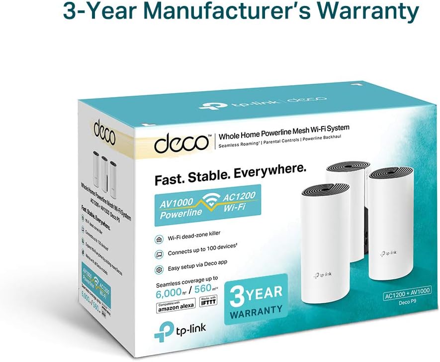 tp-link Deco P9 Whole Home Powerline Mesh Wi-Fi System, Up To 6000 Sq ft coverage, Thick Wall, Works with Amazon Echo/Alexa, Wi-Fi Booster, Parental Controls, Pack of 3