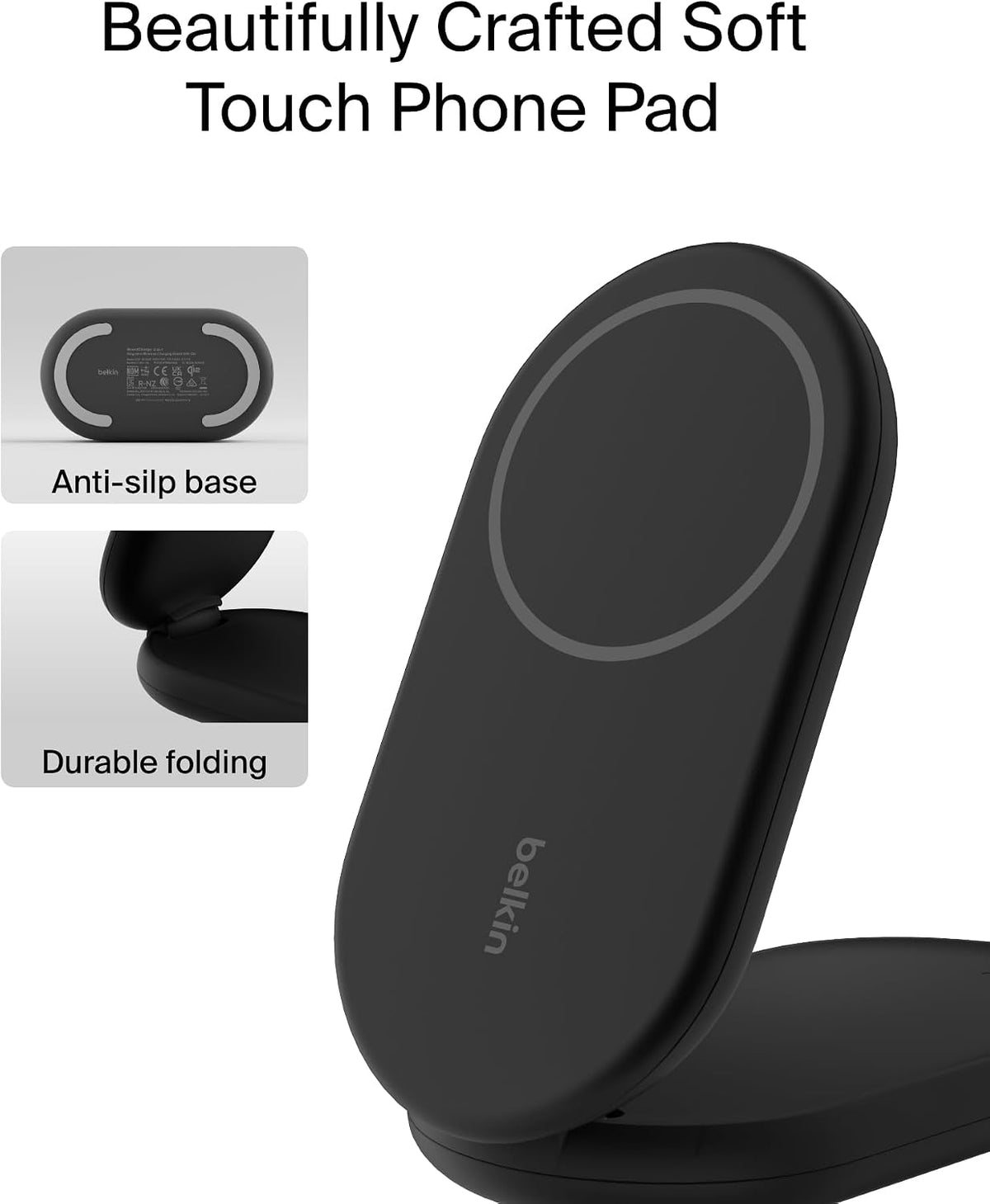 Belkin BoostCharge 2-in-1 Magnetic Foldable Qi2 Charger 15W, MagSafe Compatible Wireless Charger, Fast Charging for iPhone 17, Air, 16, 15, Charging Station with Non-Slip Base, PSU Included - Black