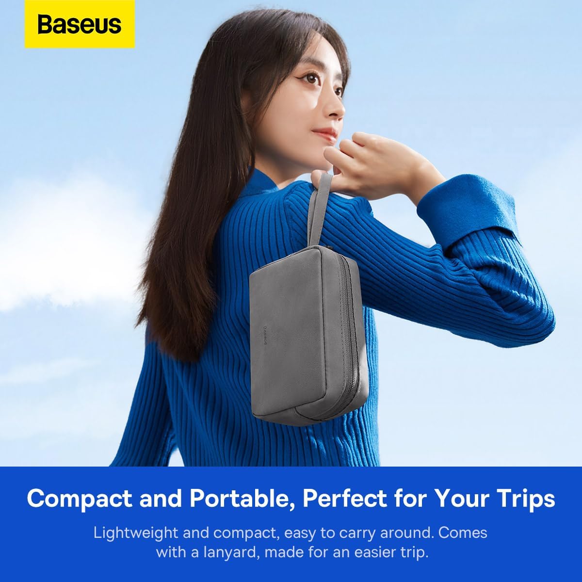 Baseus Hard Drive Bag, Storage Leather Bag, Organizer Case with Layered, Travel Gear Storage Carrying Pouch for USB Cable, Earphones, Power Banks — Grey