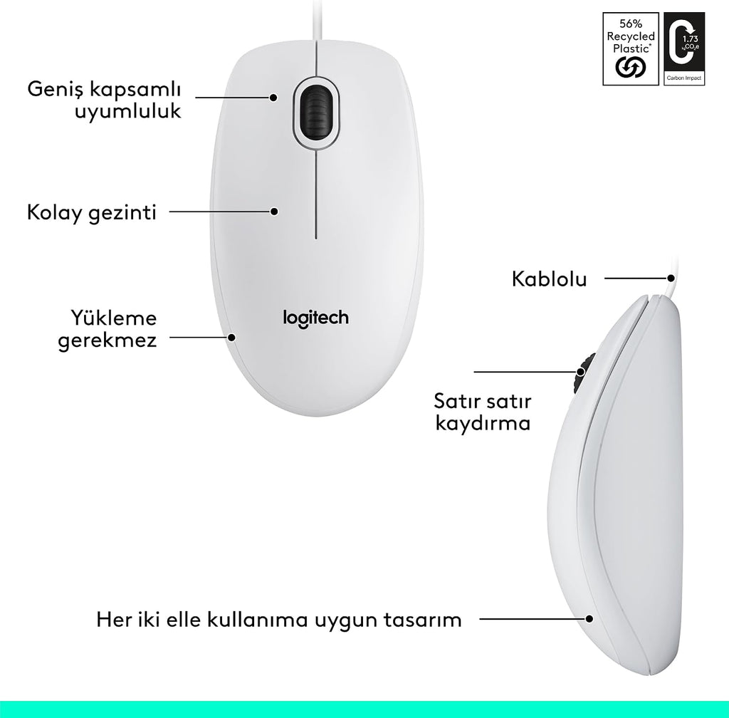 Logitech M100 Wired Mouse — White