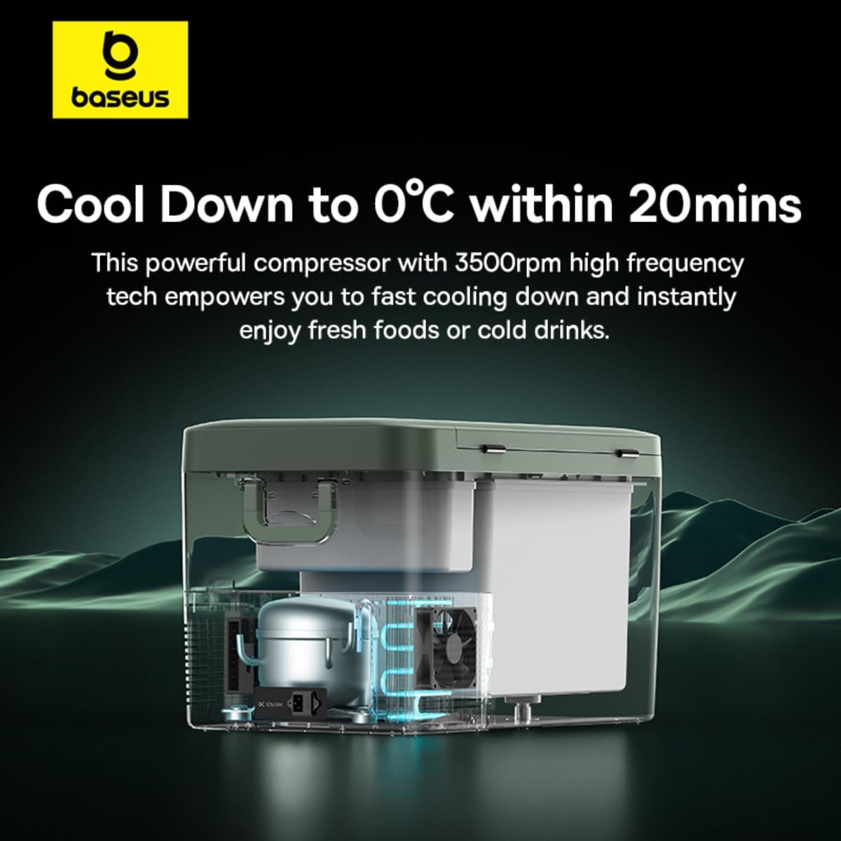 Baseus 26.1L Car Fridge Freezer with Compressor - 12/24V Portable Refrigerator - App-Controlled, -20°C Fast Cooling, Energy Efficient 70W, Anti-Shock, LED Light — Green