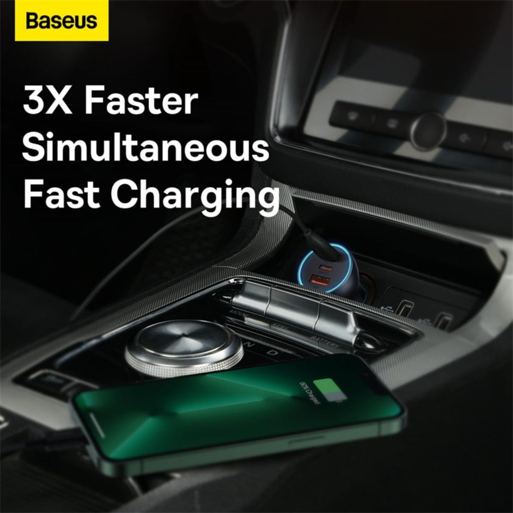 Baseus Fast Car Charger USB-A car charger 2x USB-C 65W Dark grey Fast Charging Car Power Adapter — Dark Grey
