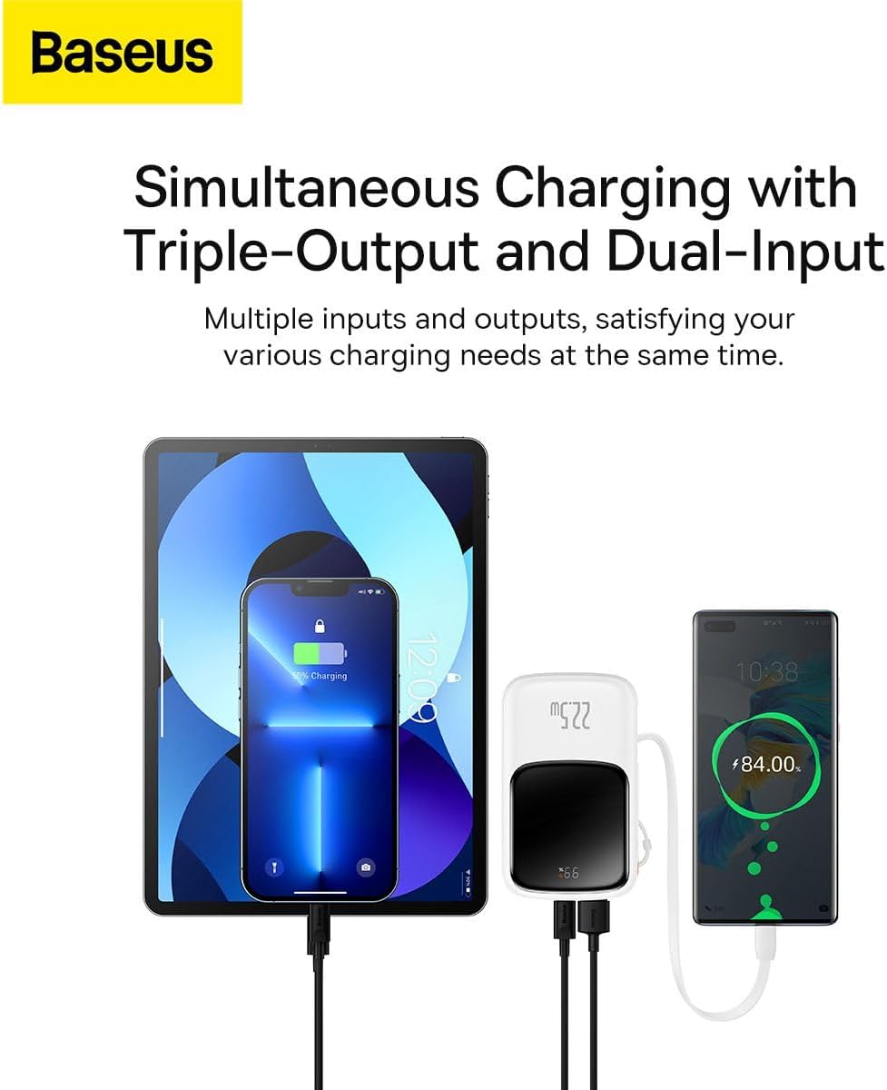Baseus Qpow Pro Digital Display Fast Charge Power Bank 10000mAh 22.5W Type-C Edition White（With: Simple charging cable Type-C 3A 0.3m White) Overseas Edition — 10K-22.5W-C — White