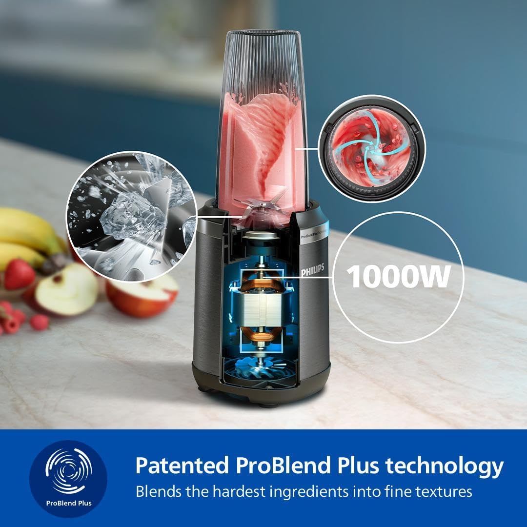 Philips Blender 1000W, 2 Tumblers + 0.3L Cup, Pulse Option, Press & Twist — Silver metal