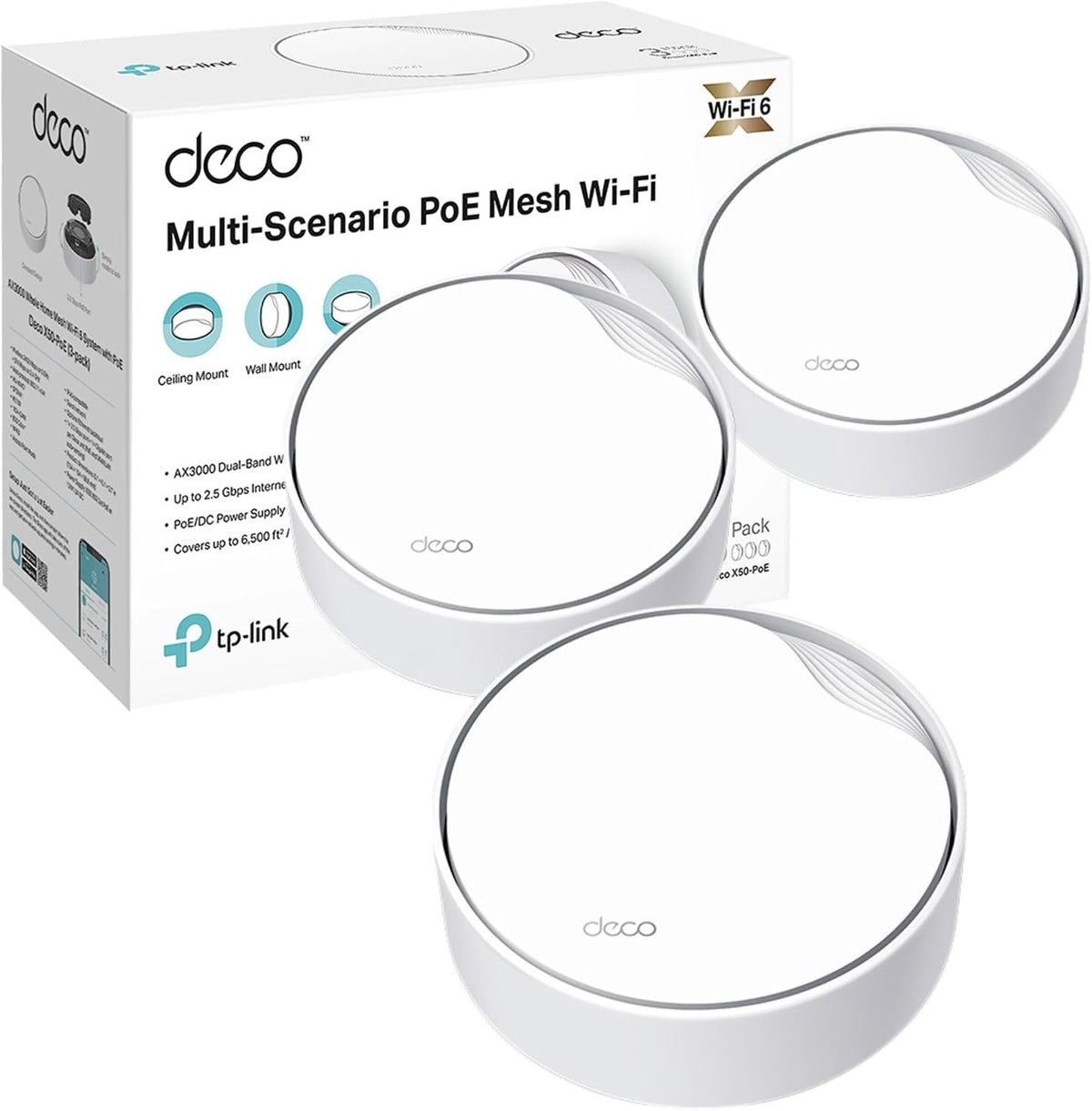 TP-Link Deco X50-PoE AX3000 Whole Home Mesh Wi-Fi 6 System with PoE, Dual-Band, AI-Driven Mesh, cover up to 6,500 ft2, Connect up to 150 devices, 1.0 GHz Dual-Core CPU, HomeShield, Pack of 3