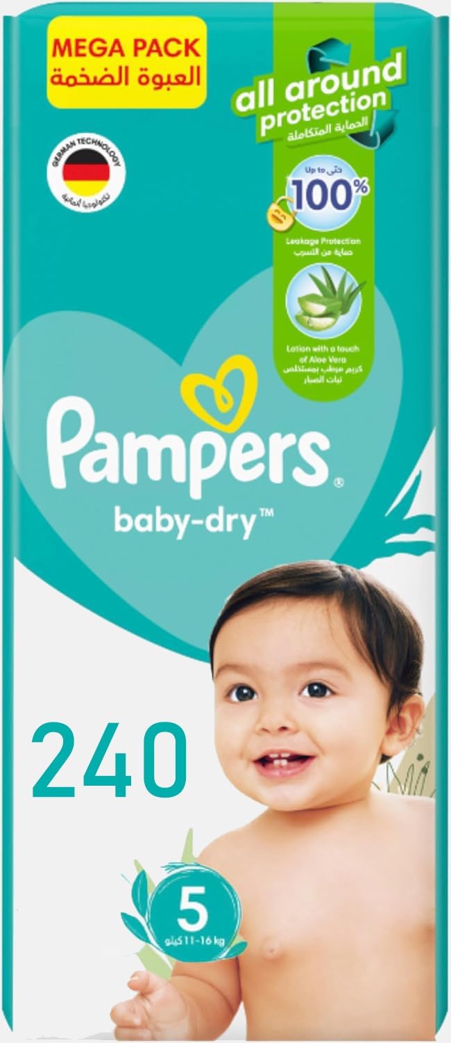 Pampers Baby-Dry Size 5 Taped Diapers with Aloe Vera Lotion, up to 100% Leakage Protection, Size 5, 11-16kg, 240 Count