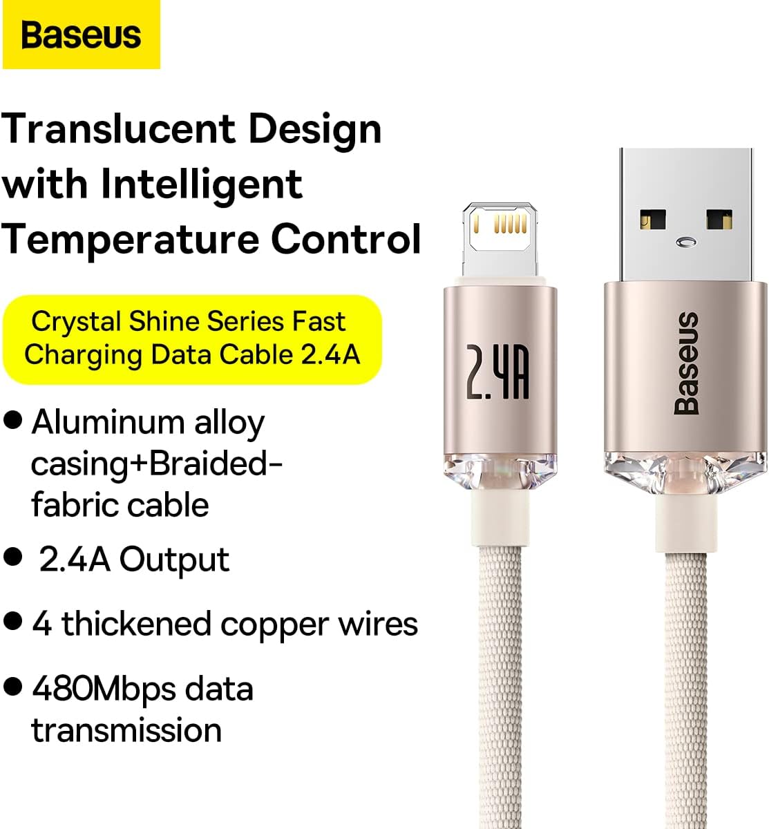 Baseus Crystal Shine USB-A to Lightning Cable 2.4A — 1.2m — Pink