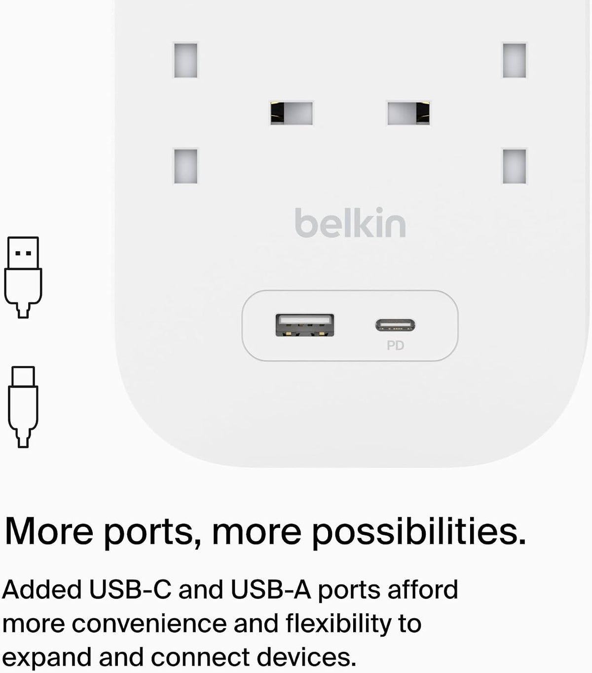 Belkin 6-Outlet Surge Protector Power Strip, Wall-Mountable with 6 AC Outlets, 2M Power Cord, & Green Indicator Light - USB-C Port & USB-A Port w/USB-C PD Fast Charging - 650 Joules of Protection