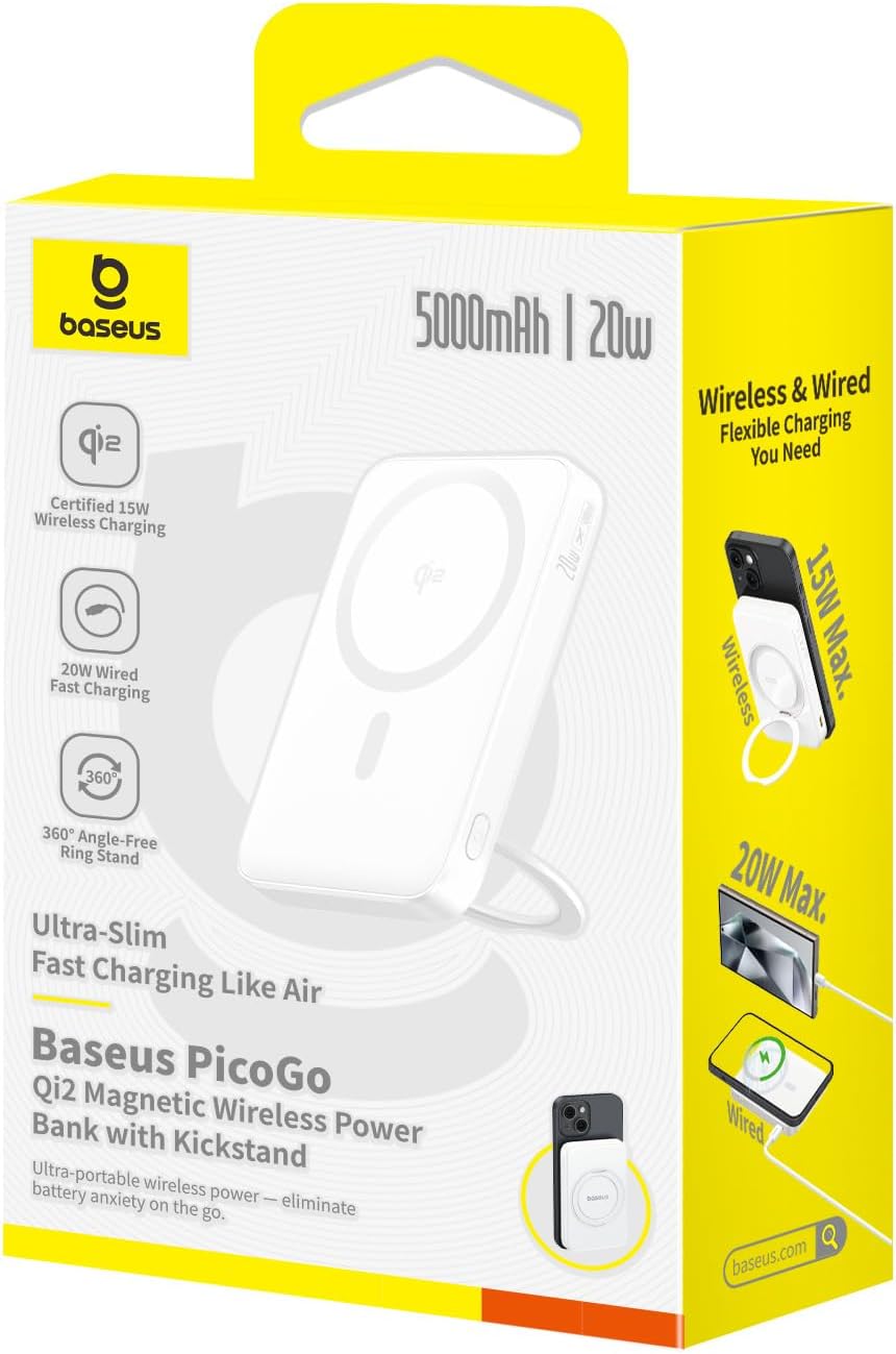 Baseus PicoGo Qi2 Magnetic Power Bank 5000mAh 15W with Ring Stand — White